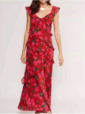 Rixo Gail Floral Ruffle Backless Maxi Dress Red Pink Size 8/Medium